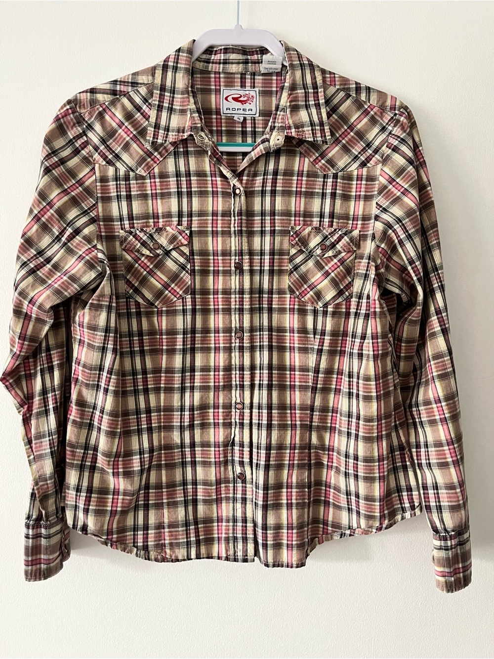 Roper Women’s Western Shirt Tan/Pink Plaid Pearl Snaps Size XL